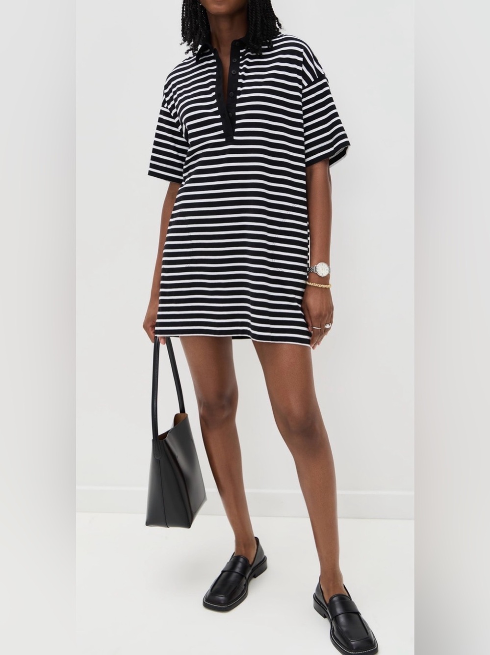 ATM Anthony Thomas Melillo Black/ White Stripe Classic Short Sleeve Polo Dress